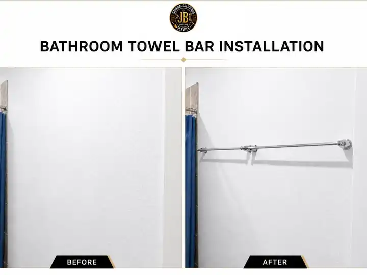 Bathroom towel bar installation before and after, showing the empty wall and the completed towel bar installation