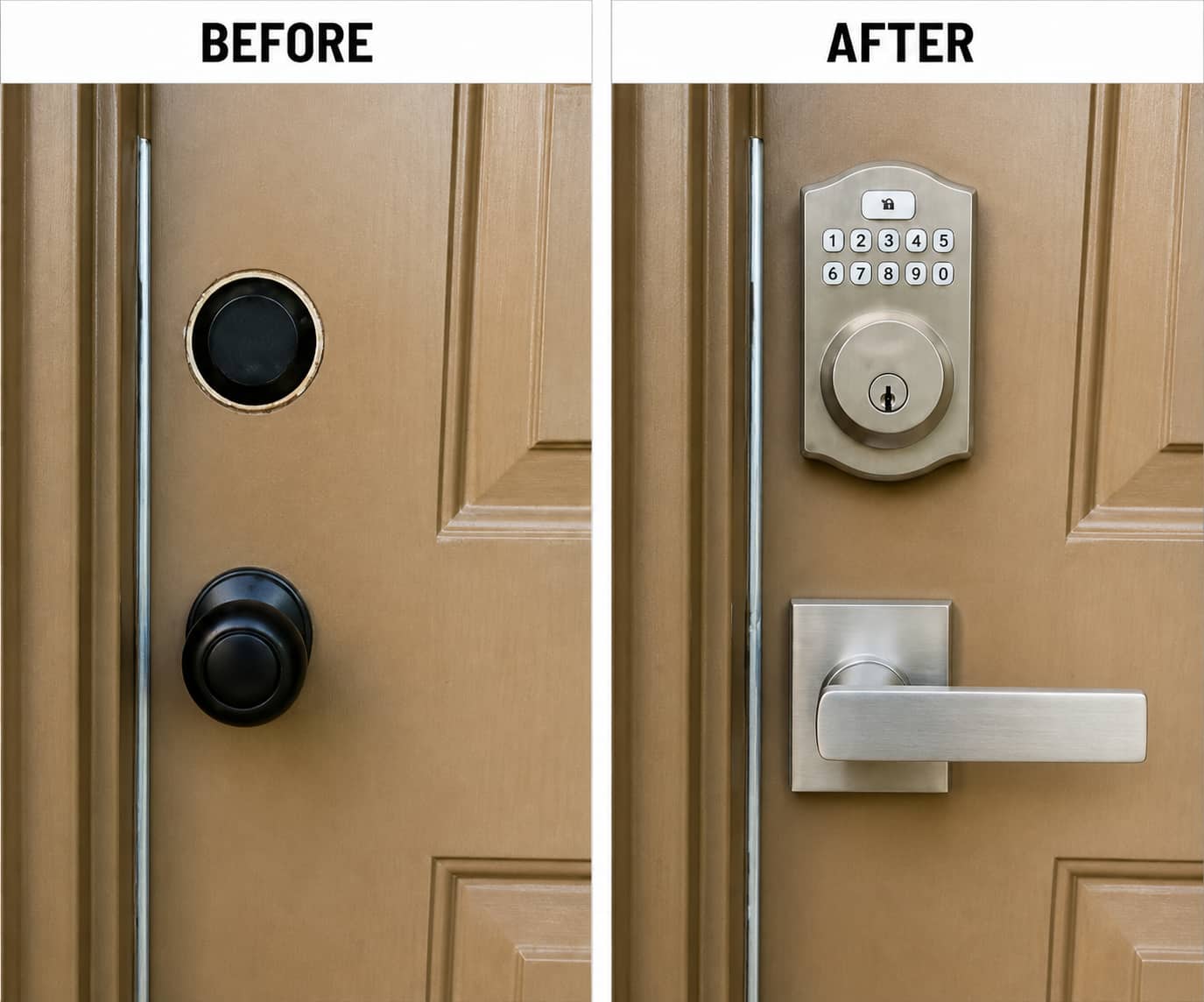 Front door lock before and after, showing the original keyed deadbolt and knob replaced with a smart keypad deadbolt and modern lever handle