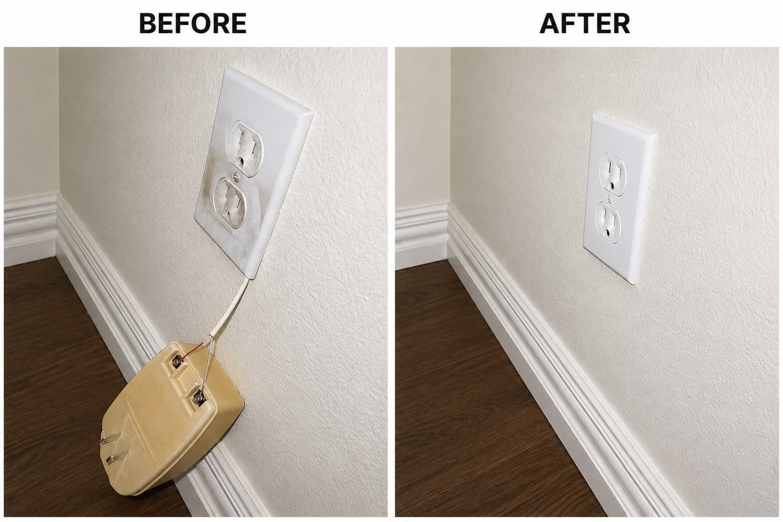 Electrical outlet repair before and after, showing exposed wiring and the completed outlet installation