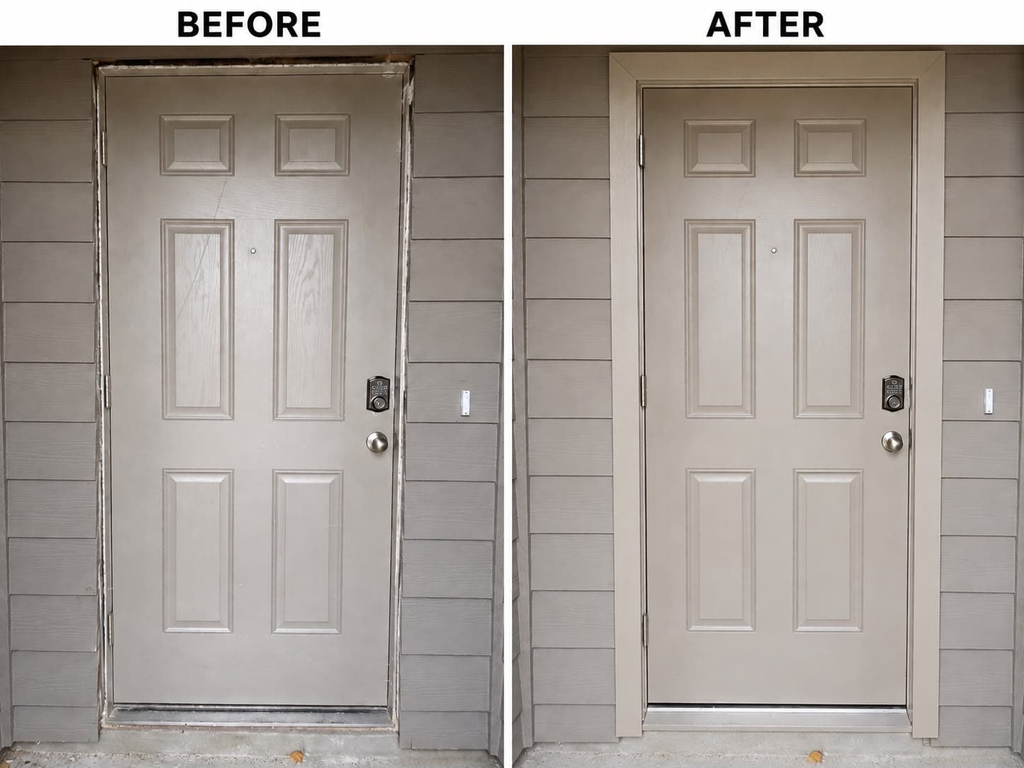 Exterior door trim repair before and after, showing unfinished edges and completed trim