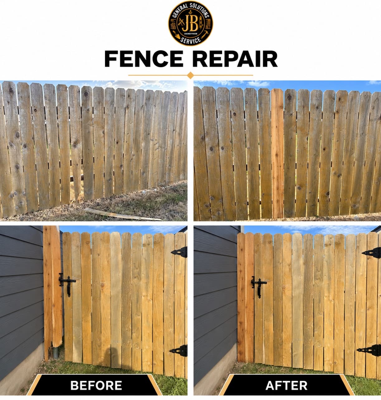 Fence repair before and after, showing the damaged fence and gate before repair and the completed fence and gate