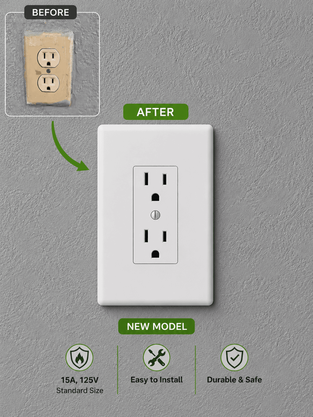 Outlet replacement — before and after, old cracked outlet replaced with a new outlet