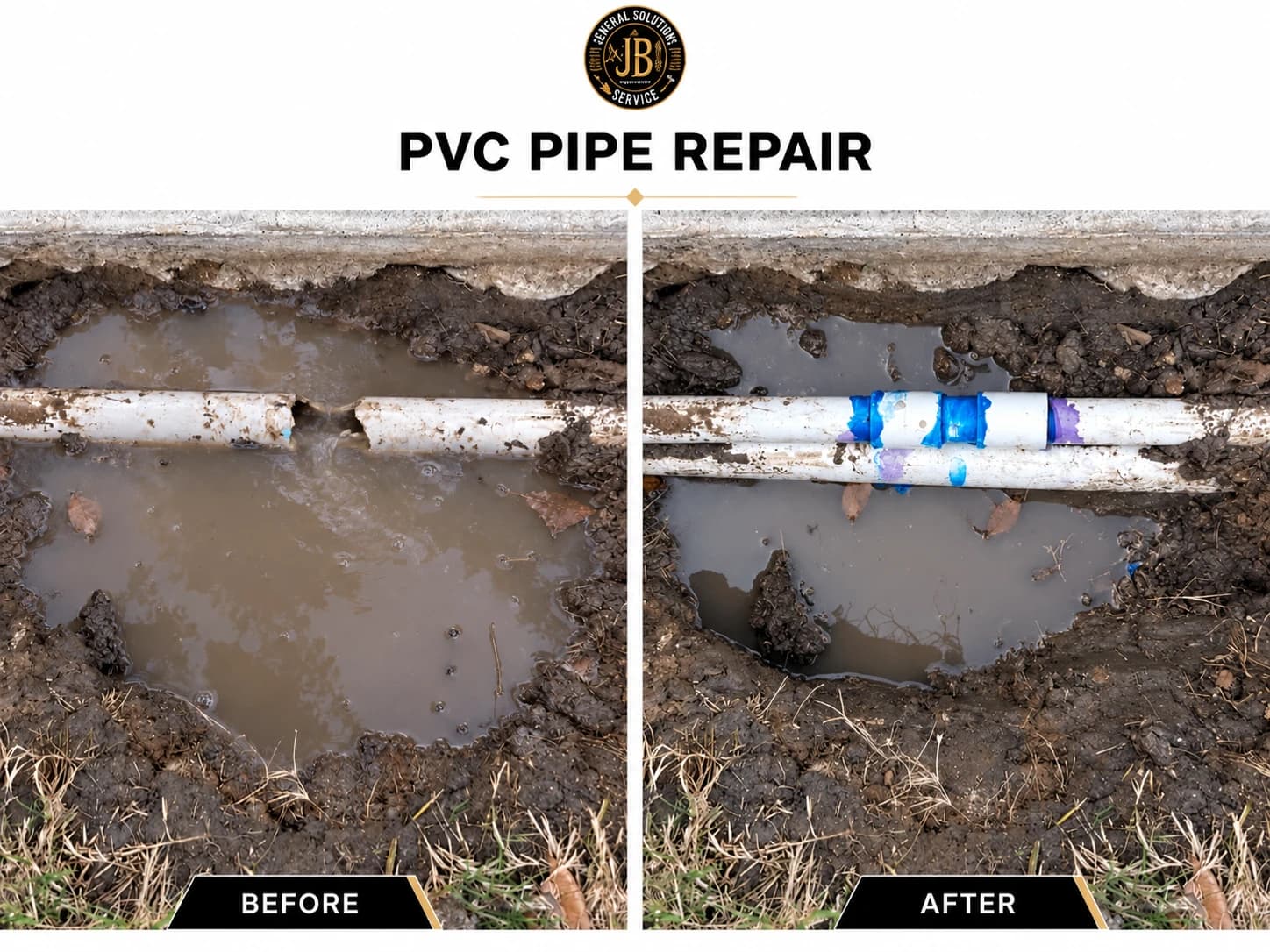 PVC pipe repair before and after, showing the broken underground pipe and the completed repair