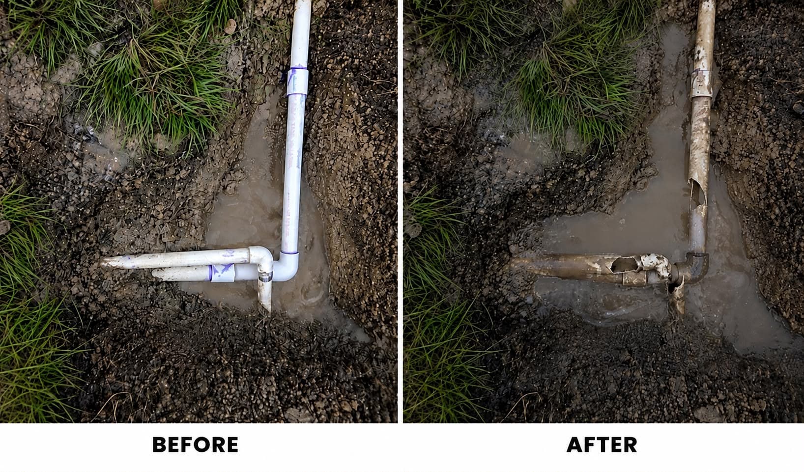Underground PVC pipe repair comparison showing damaged piping and newly installed replacement fittings