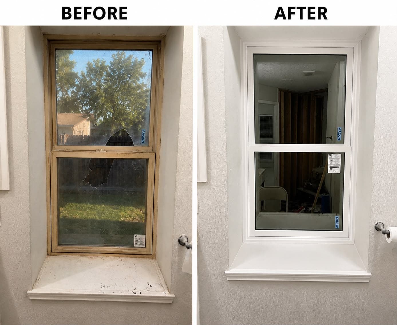 Window replacement before and after, showing the damaged old window and the completed new window